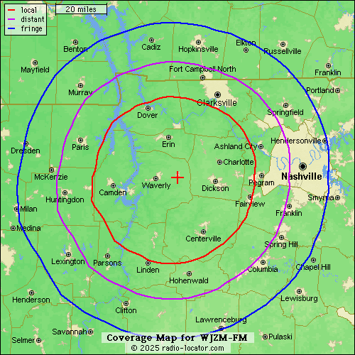 WJZM-FM 105.1 | Waverly (Clarksville), Tennessee Coverage Map